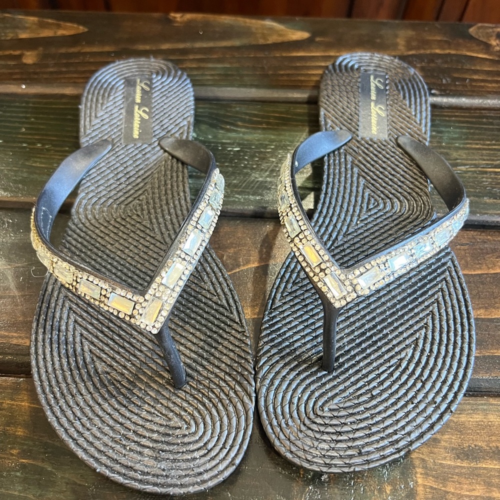 Lauren Lorraine Black and Rhinestone Beaded Sandals